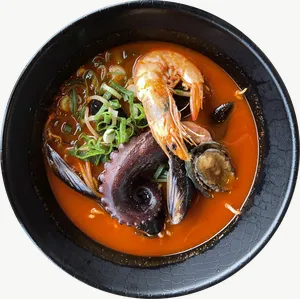 Seafood stew food, plated PNG with transparent background, real photo cutout