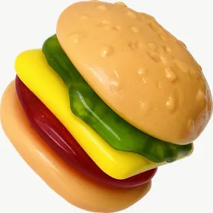 Burger gummy candy, single piece PNG with transparent background, real photo cutout