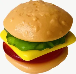 Burger gummy candy, twisted PNG with transparent background, real photo cutout