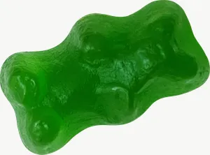Green gummy bear candy, wide PNG with transparent background, real photo cutout