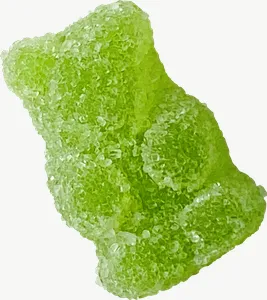 Green gummy bear candy, round PNG with transparent background, real photo cutout