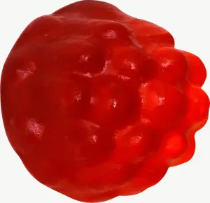 Red gummy berry candy, single piece PNG with transparent background, real photo cutout