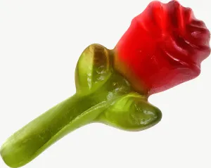 Red gummy rose candy, round, with stem PNG with transparent background, real photo cutout