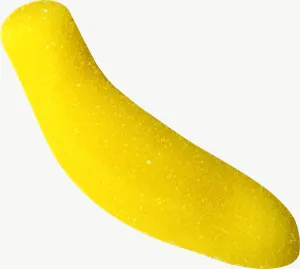 Yellow gummy banana candy, round PNG with transparent background, real photo cutout