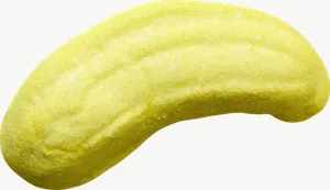 Yellow gummy banana candy, wide, close-up PNG with transparent background, real photo cutout
